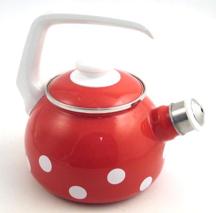 Emaille rot mit weissen Punkten Wasserkessel mit Pfeife 2 Liter