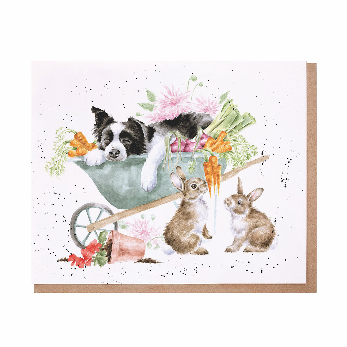 Grusskarte blanko Hund und Gemüse in Schubkarre plus Kaninchen