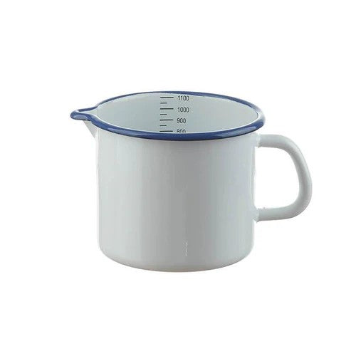 Milchtopf mit Innenskala Emaille D 12cm H 11cm 1 Liter weiss mit blauem Rand