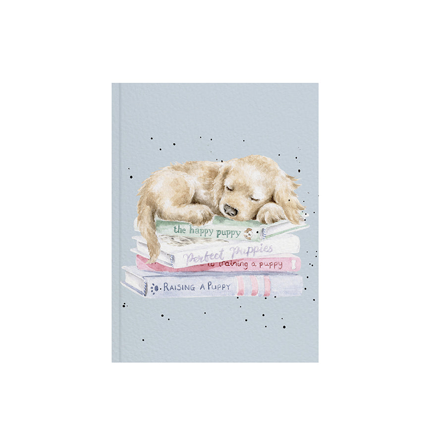 Notitzbuch hellblau mit Welpe auf Hundebüchern