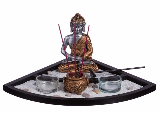 Räucherstäbchenhalter Zen Garten mit 2 Teelichthaltern 33x23x14cm