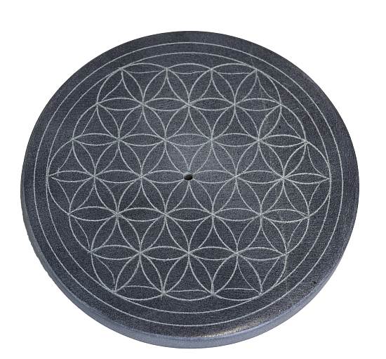 Räucherstäbchenhalter rund Blume des Lebens d10cm dicke 0.8cm Speckstein grau INDIEN