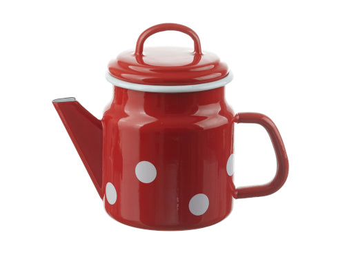 Teekanne Emaille konisch mit Deckel 1 Liter rot mit weissen Punkten