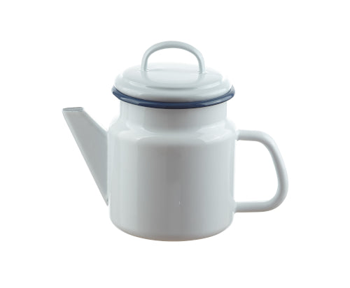 Teekanne Emaille konisch mit Deckel 1 Liter weiss mit blauem Rand