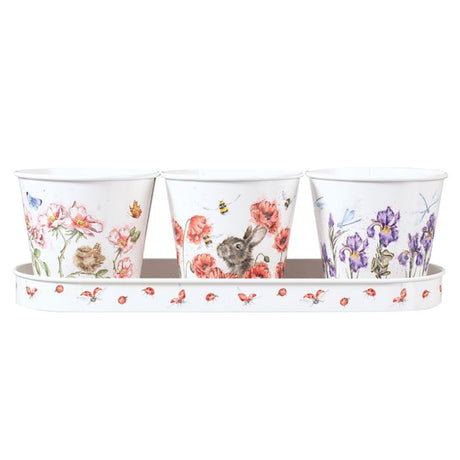 3 Blumentöpfe für Gewürze mit Tablett, Blumenmuster (3er Set) 