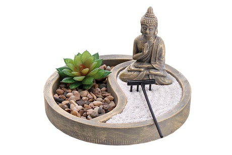 Buddha mit Zengarten rund 20x12cm Zement