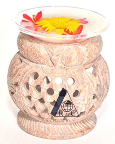 Duftlampe Speckstein 8.75cm geschnitzt Eulenform mit Glasschale INDIEN