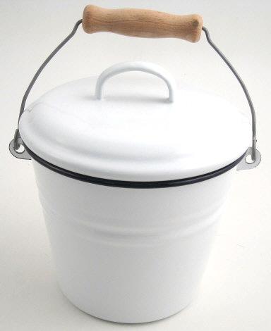Eimer mit Deckel Emaille 1.5l D 16cm H 14cm weiss mit blauem Rand