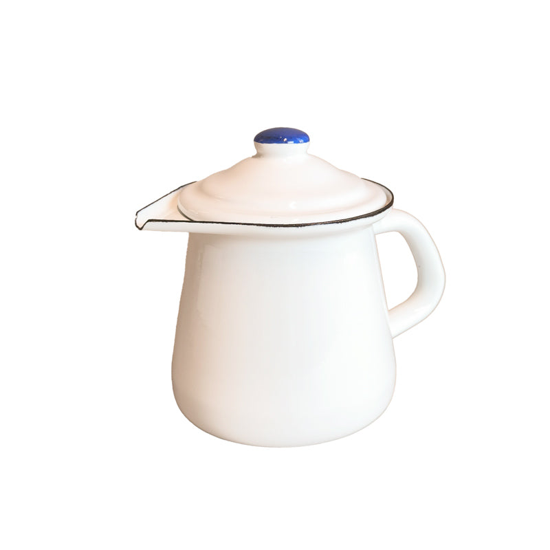 Emaille Kännchen 9cm  0.4 Liter mit Deckel Weiss mit blauem Rand