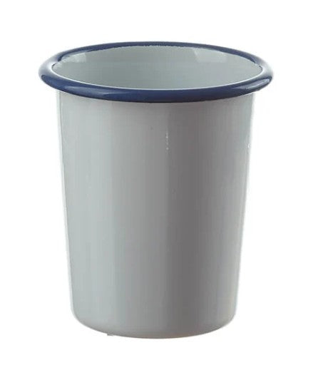 Emaille weiss mit blauem Rand Becher 10.5cm hoch konisch 350ml