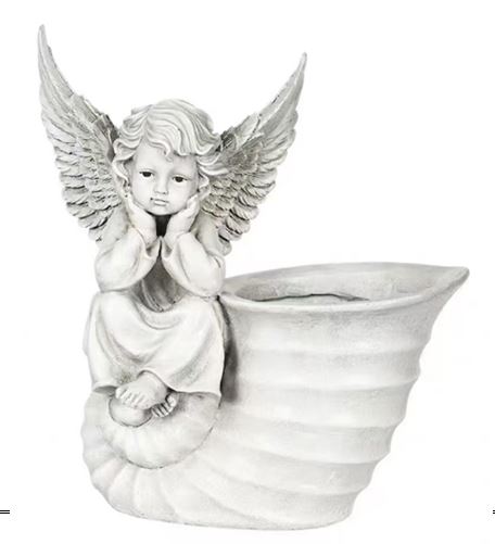 Engel sitzend auf Blumenhorn 29cm hoch 18.5x31cm Polyresin