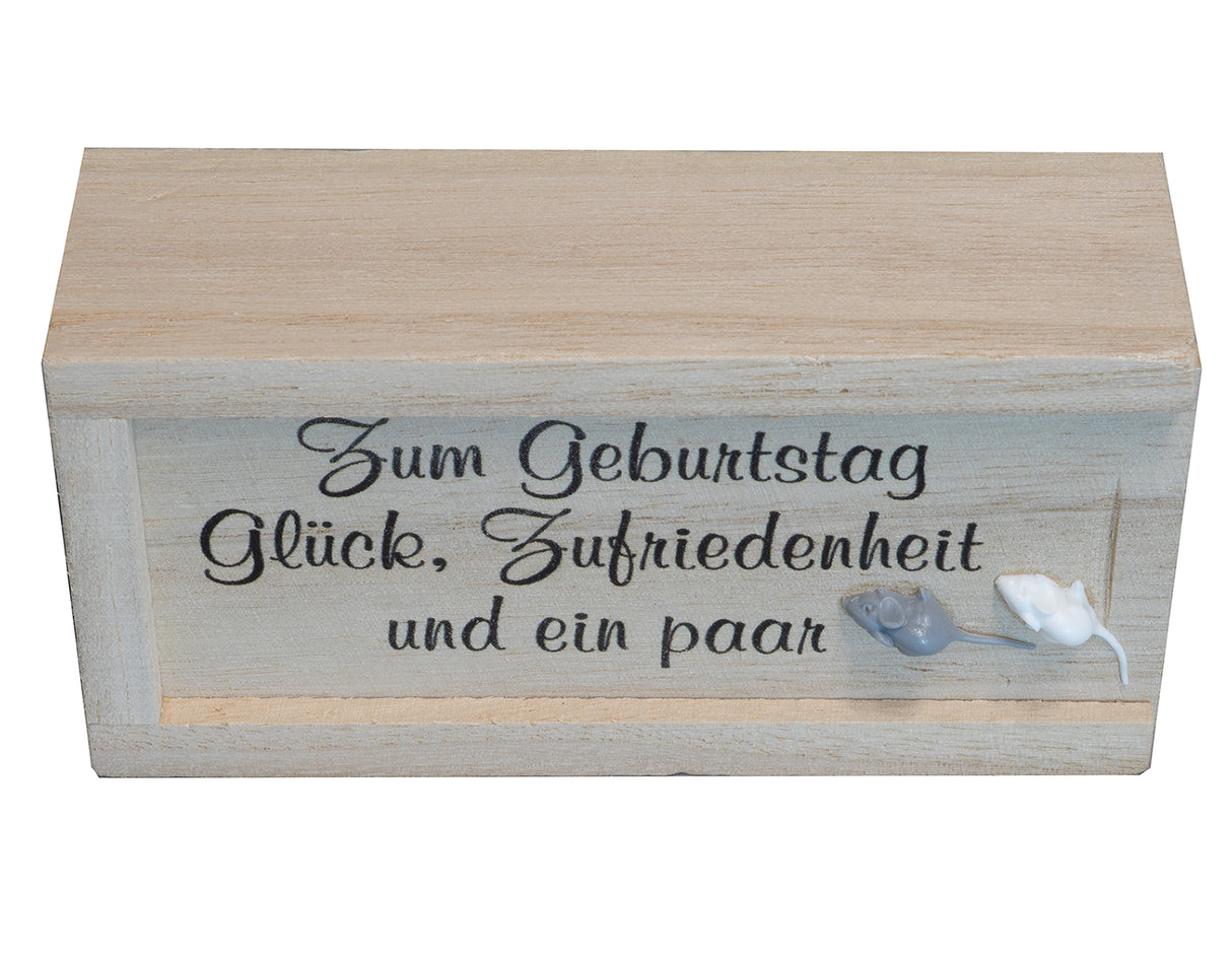 Geldgeschenkebox 10x5x2.5 cm "Zum Geburtstag Glück, Zufriedenheit und ein paar Mäuse"