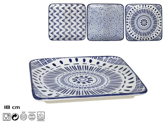 Geschirr Platte Blau/Weiss 3 Design ass rechteckig 18x18x2cm Porzellan