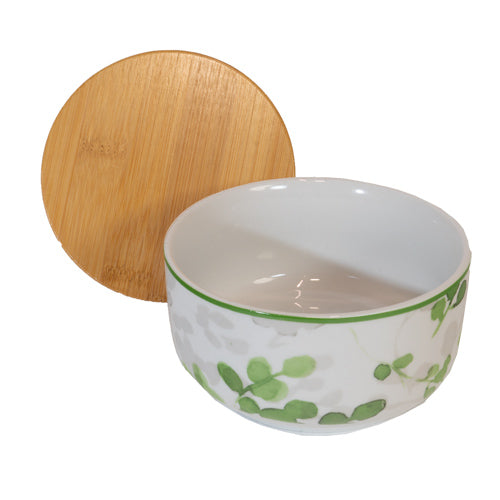 Geschirr Schale mit Deckel grüne Blätter 12x7cm Porzellan