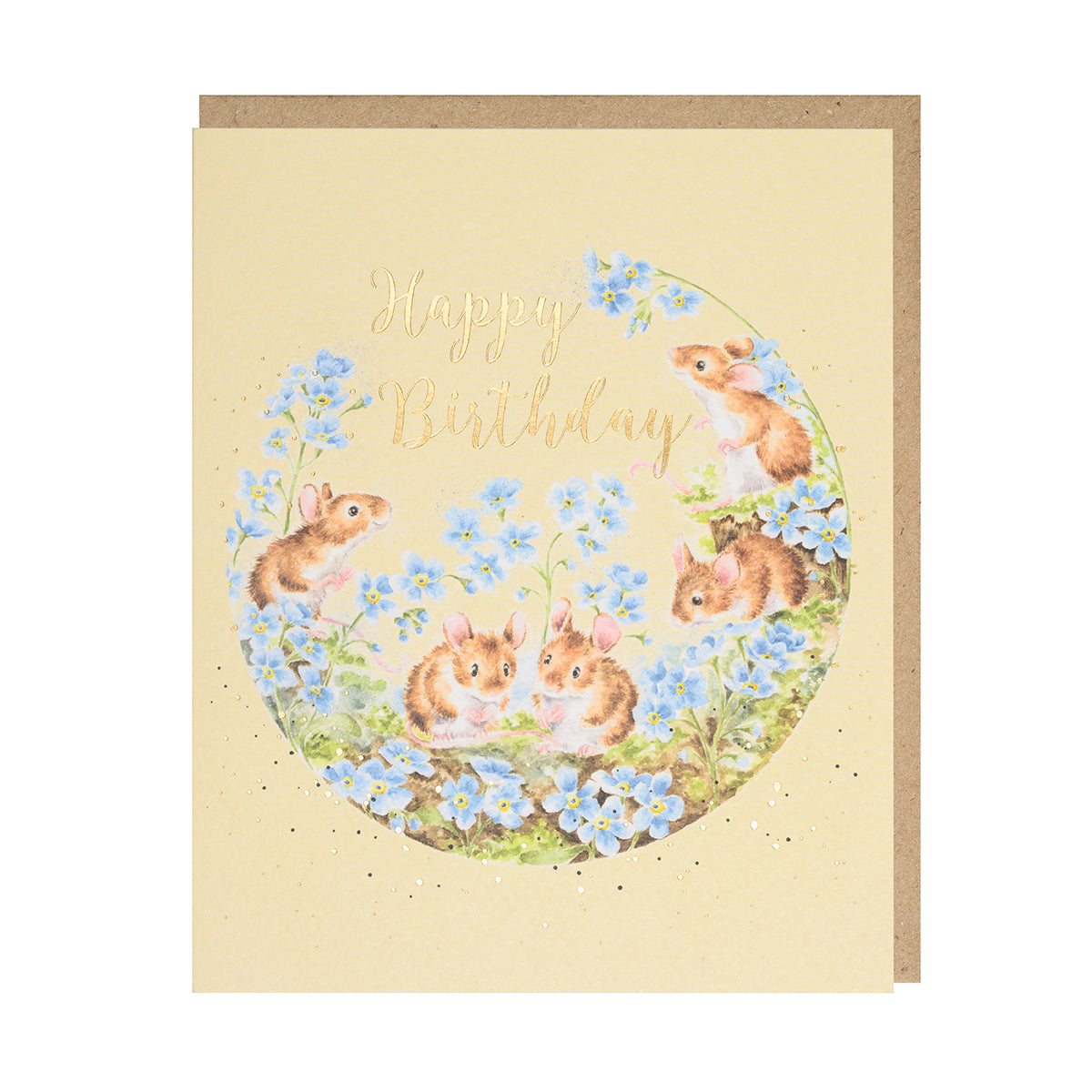 Grusskarte Happy Birthday Mäuse und Vergissmeinnicht