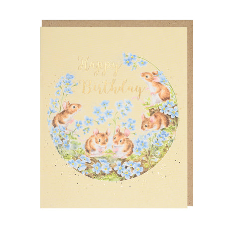 Grusskarte Happy Birthday Mäuse und Vergissmeinnicht