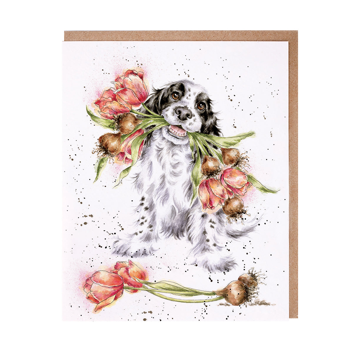 Grusskarte blanko Hund mit Blumen