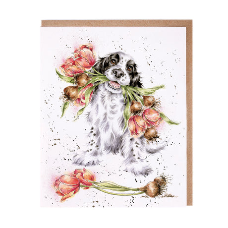 Grusskarte blanko Hund mit Blumen
