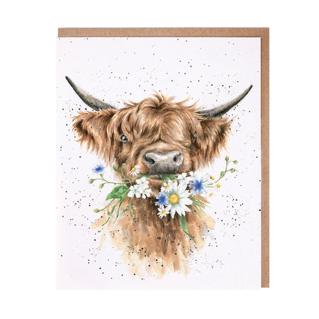 Grusskarte blanko Kuh mit Blumen