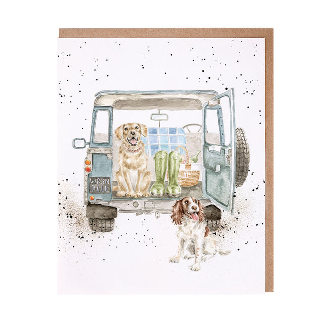 Grusskarte blanko zwei Hunde und Auto
