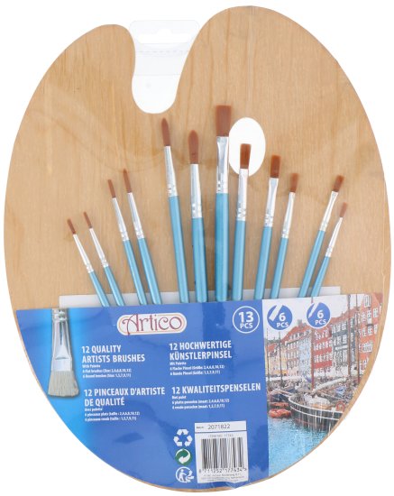 Pinsel Set 13tlg 6x rund und 6x flach mit Mischpalette Holz
