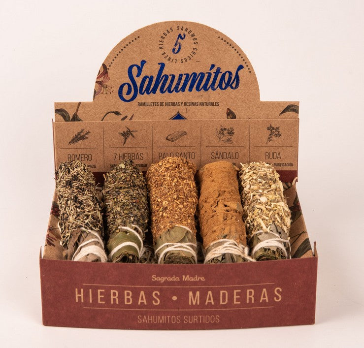 RÄUCHERBÜNDEL 5erSet Sagrada Madre Madre KRÄUTERN 5ass mit Zedern-Eukalyptus-Lorbeerkern Rosmarin, 7-Kräutermix, Palo Santo, Sandelholz, Weinraute