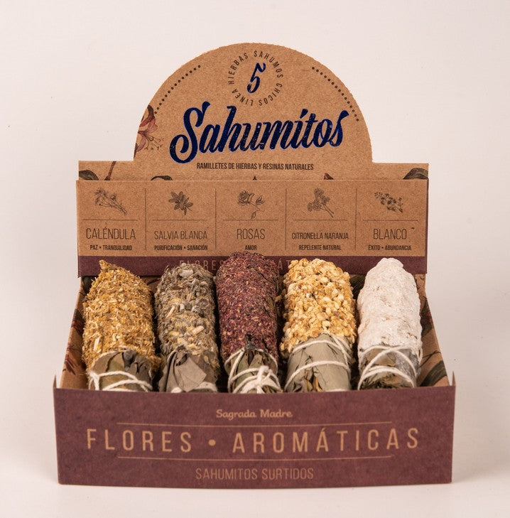 RÄUCHERBÜNDEL 5erSet Sagrada Madre Madre BLÜTEN 5ass mit Zedern-Eukalyptus-Lorbeerkern Ringelblume,weisser Salbei, Rosen, Citronella-Orange, Yagra