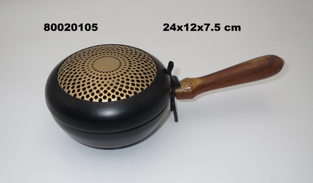 Räuchergefäss Metall mit Golddekor mit Holzgriff 24x7.5x12cm INDIEN