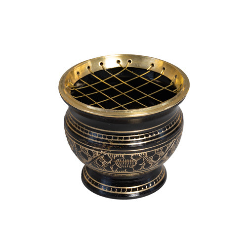 Räuchergefäss auf Fuss mit Metallnetz Messing schwarz graviert 7x7.5cm INDIEN