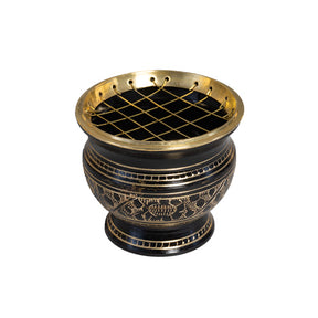 Räuchergefäss auf Fuss mit Metallnetz Messing schwarz graviert 7x7.5cm INDIEN