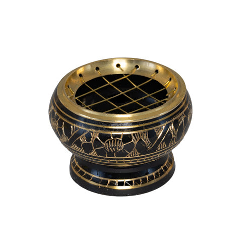 Räuchergefäss auf Fuss mit Metallnetz Messing schwarz verziert 6x5cm INDIEN