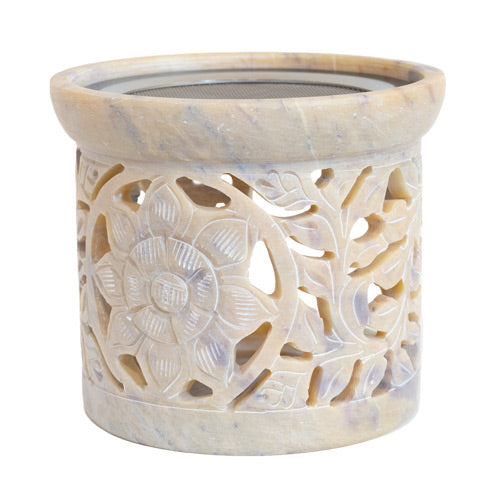 Räucherofen mit Metallsieb Speckstein Sonnenmotiv hell 10cm INDIEN