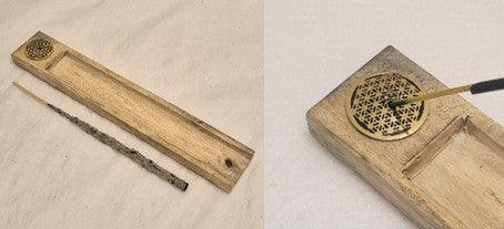 Räucherstäbchenhalter 23.5x4.3x1cm Mangoholz Messingdekor Blume des Lebens INDIEN