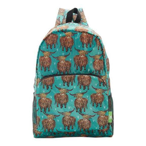 Rucksack ECO CHIC faltbar Hochlandrinder Türkis 27x43x16cm 100% recycelter Kunststoff