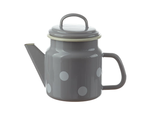 Teekanne Emaille konisch mit Deckel 1 Liter grau mit weissen Punkten