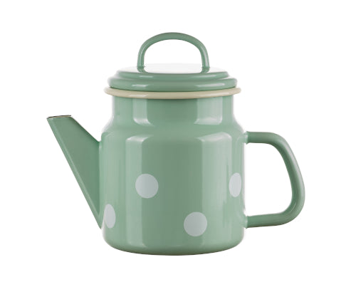 Teekanne Emaille konisch mit Deckel 1 Liter grün mit weissen Punkten