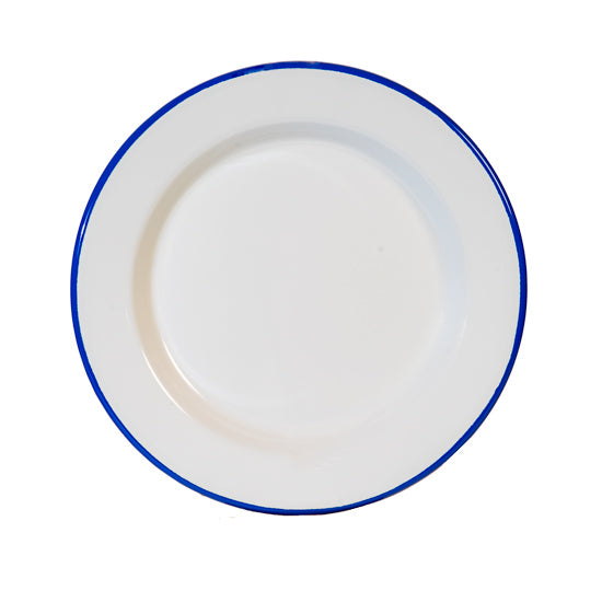 Teller flach Emaille weiss mit blauem Rand D24cm H2.5cm
