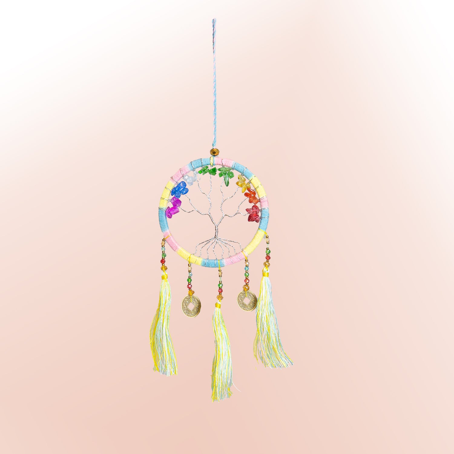Traumfänger Baum des Lebens rosa gelb türkis mit Steinen 9x32cm