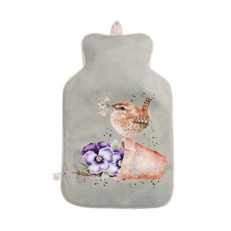 Wärmflasche grau mit Vogel und Blumentopf