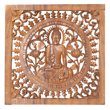 Wand Relief Buddha quadratisch 50cm dunkles Holz