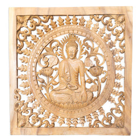 Wand Relief Buddha quadratisch 50cm helles Holz